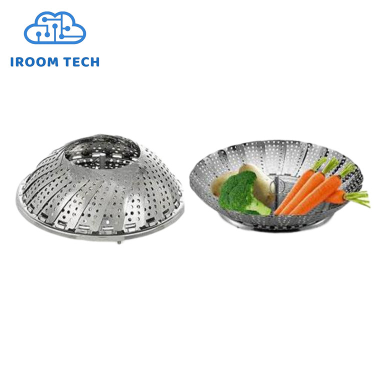 سبد بخارپز تاشوی ضدزنگ استیل با طراحی پنکه‌ای و پایه‌های فلزی، مناسب برای جایگیری در تمام انواع قابلمه‌ها.
