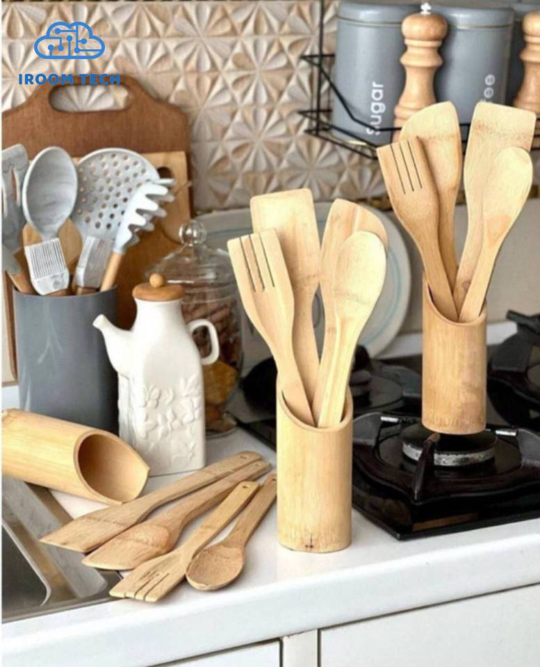 ست کفگیر و ملاقه چوبی بامبو | ایده‌آل برای هدیه و استفاده روزمره